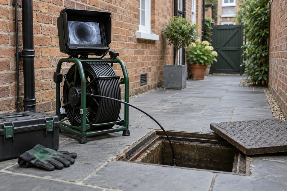 Drain inspection camera beside an inspection chamber in a brick courtyard