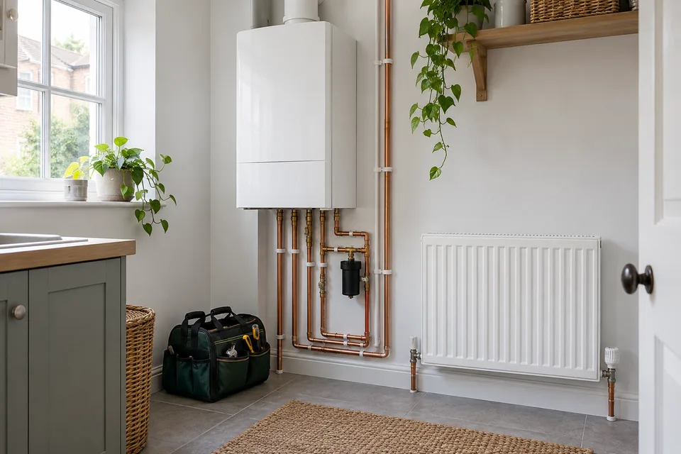 Domestic boiler, copper pipework and a panel radiator